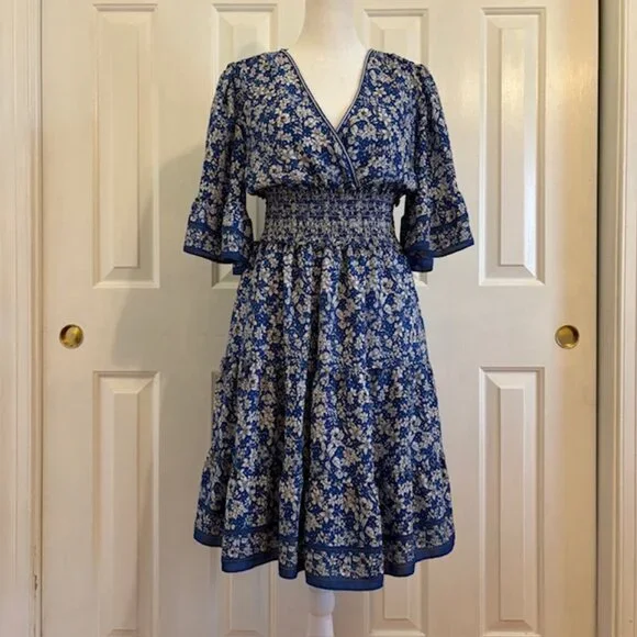 Max Studio Royal Blue Floral Smocked Tiered Mini Dress w/Flutter Sleeves Size S - Picture 1 of 10